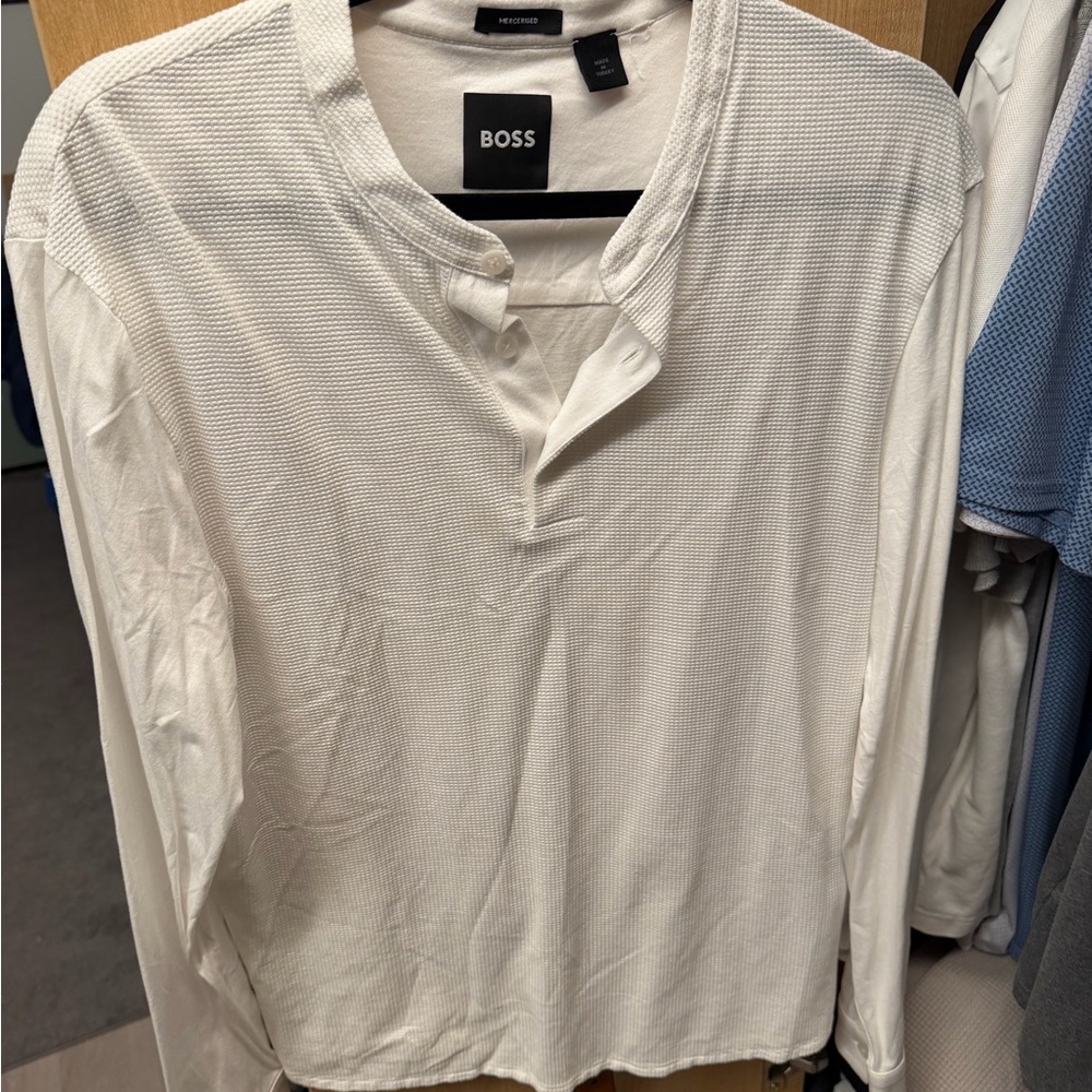 Hugo Boss Men's White Long-Sleeve Waffle Henley Shirt